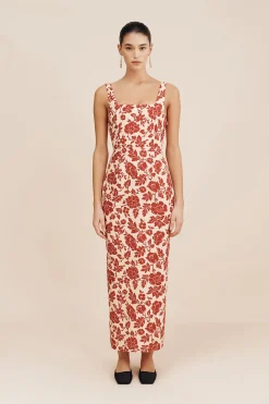 Hot SKYLA COLUMN DRESS - SCARLET BLOOM Linen Dresses|Occasional Dresses