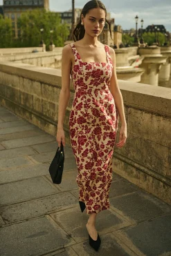 Hot SKYLA COLUMN DRESS - SCARLET BLOOM Linen Dresses|Occasional Dresses