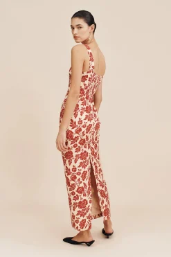 Hot SKYLA COLUMN DRESS - SCARLET BLOOM Linen Dresses|Occasional Dresses